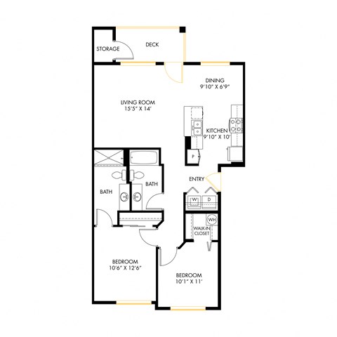 Floor plan for 2 beds, 2 baths, 1037 sqft